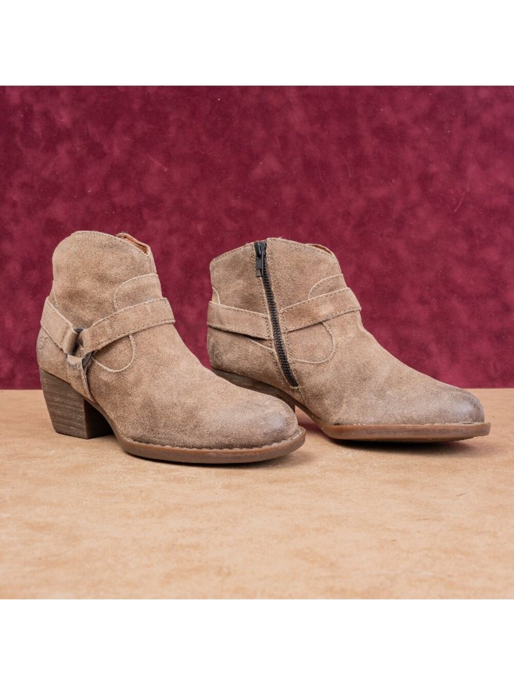 Born Women Distress Suede Zip Modern Western Harness Moto Ankle Boots sz 7.5